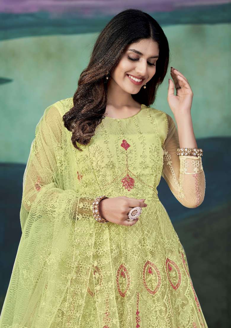 Yellow Embroidered Net Anarkali Set - Indya