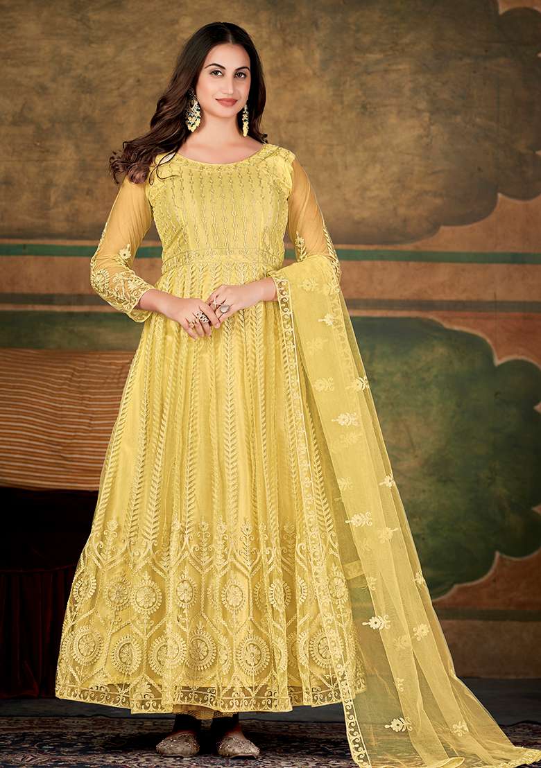 Cream Embroidered Net Anarkali Set - Indya