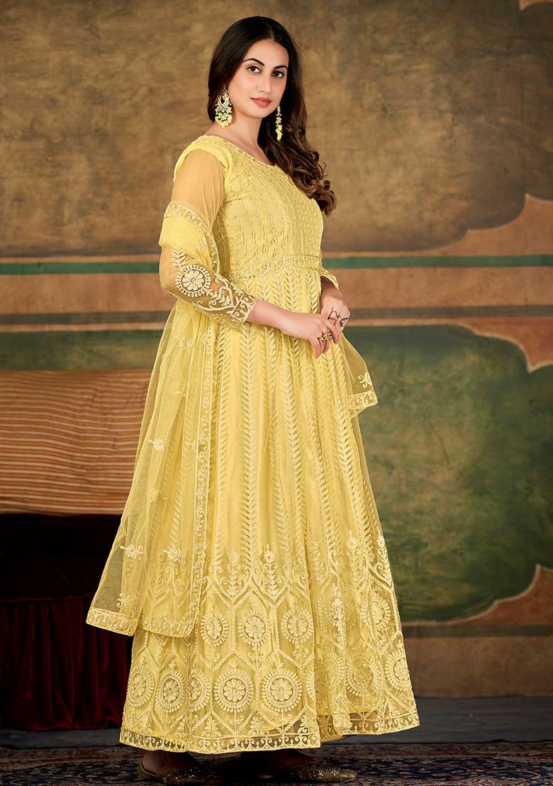 Cream Embroidered Net Anarkali Set - Indya