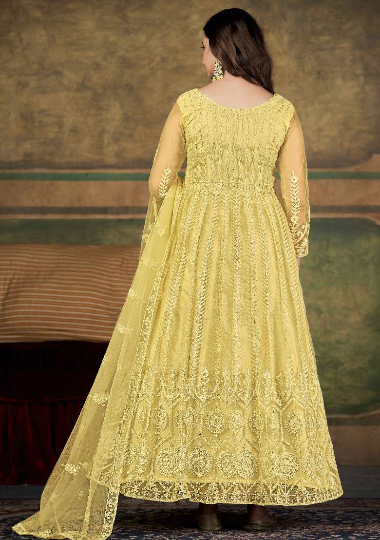 Cream Embroidered Net Anarkali Set - Indya