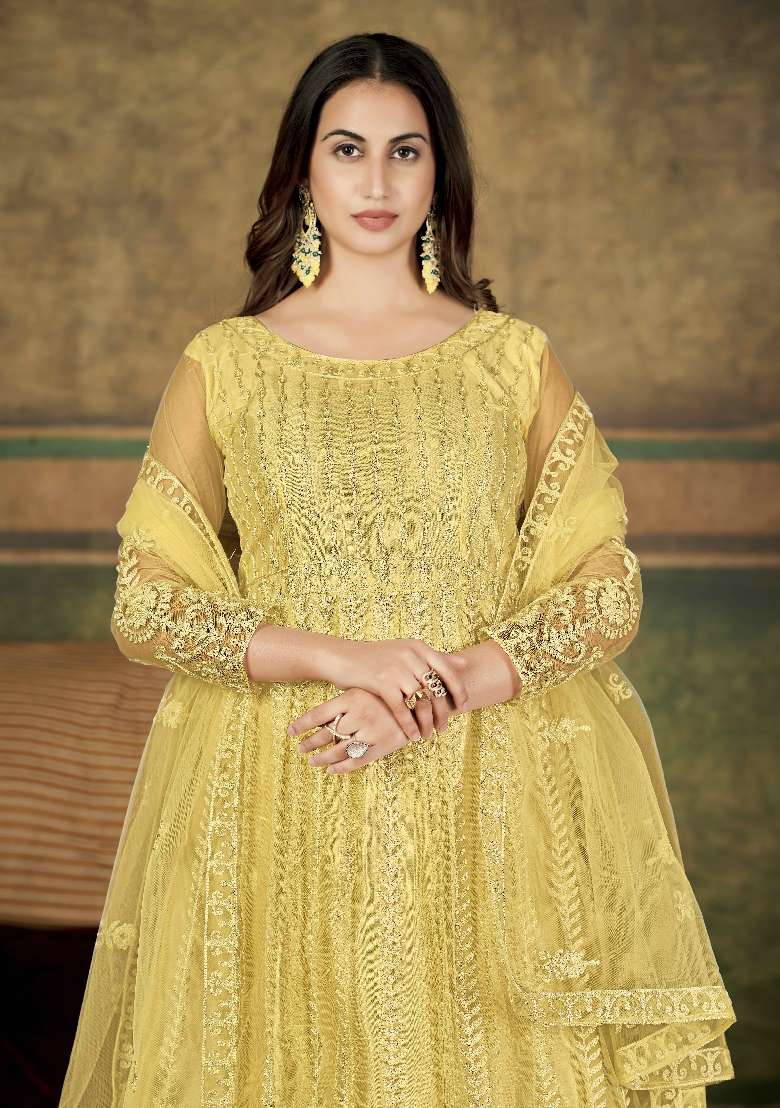 Cream Embroidered Net Anarkali Set - Indya