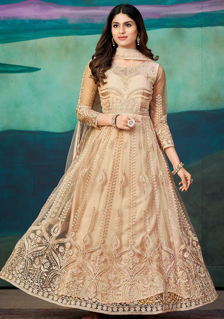 Peach Embroidered Net Anarkali Set - Indya