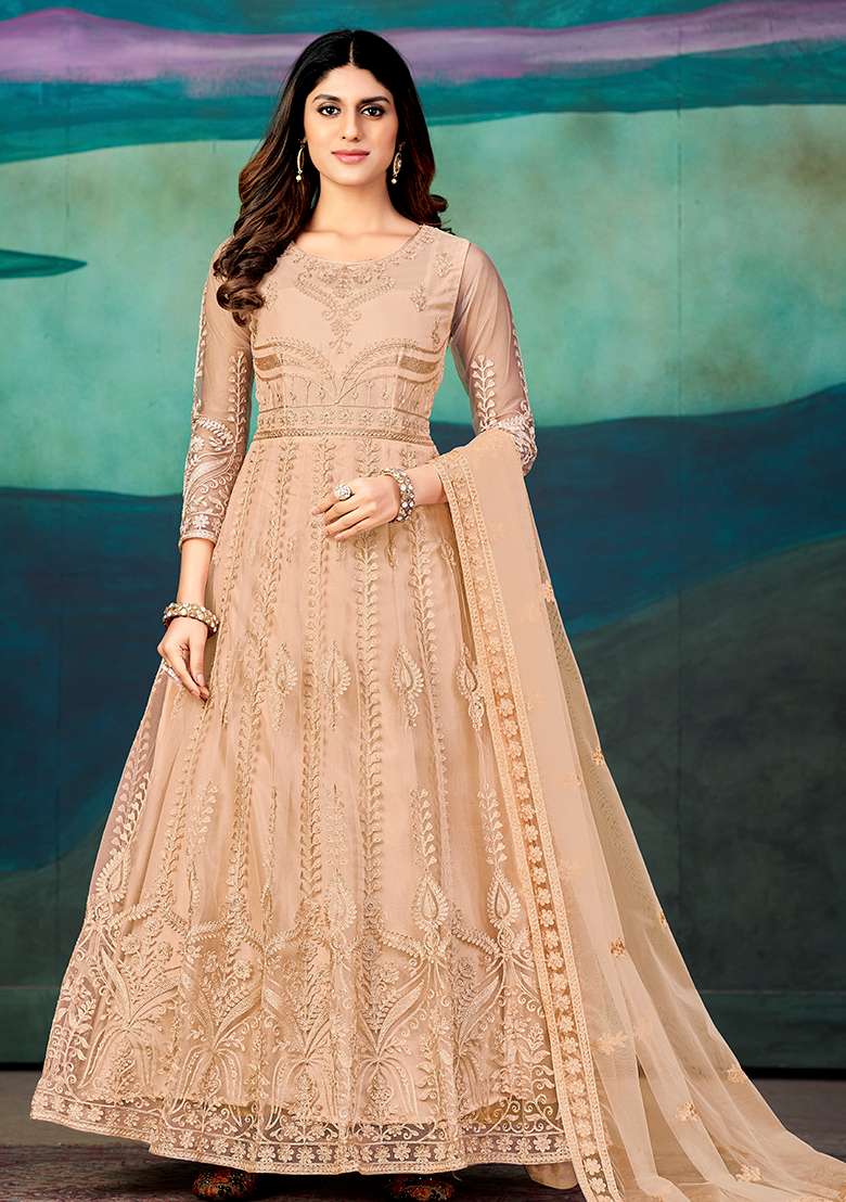 Peach Embroidered Net Anarkali Set - Indya