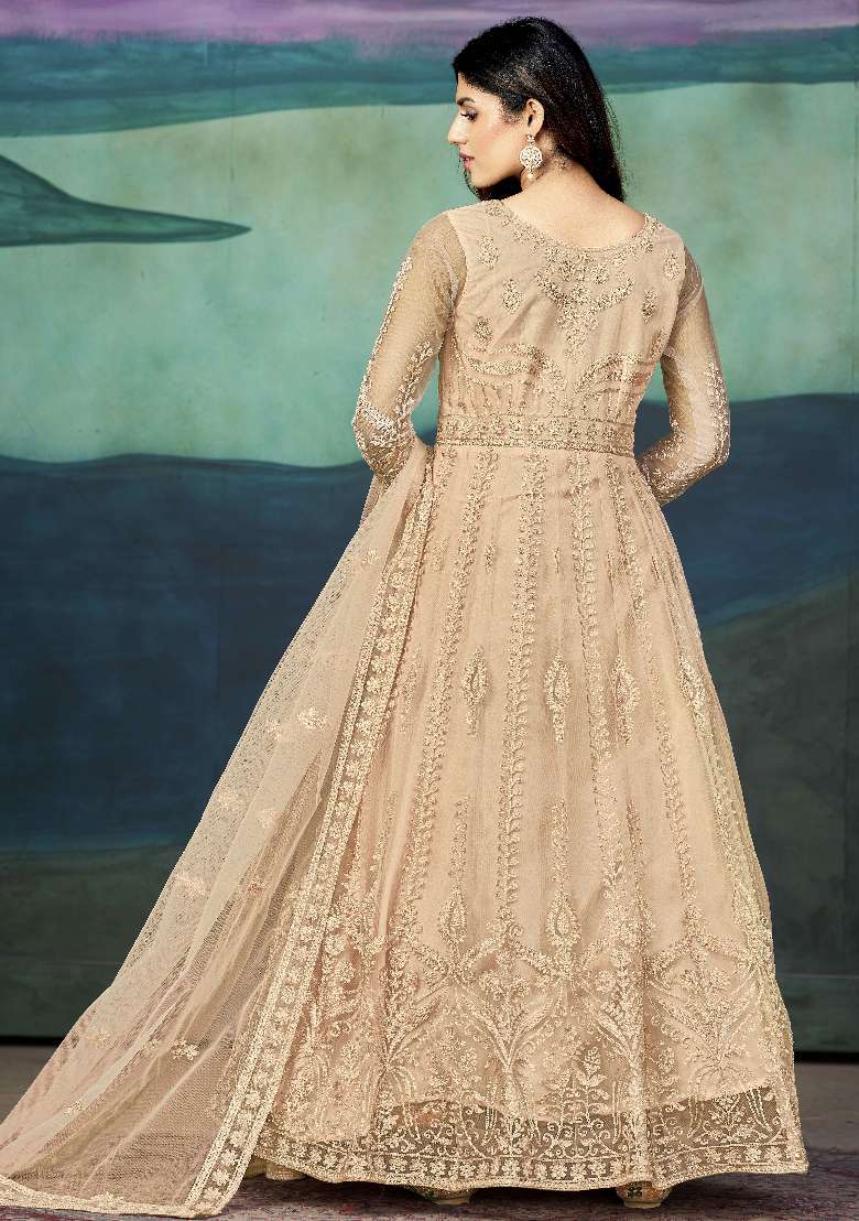 Peach Embroidered Net Anarkali Set - Indya