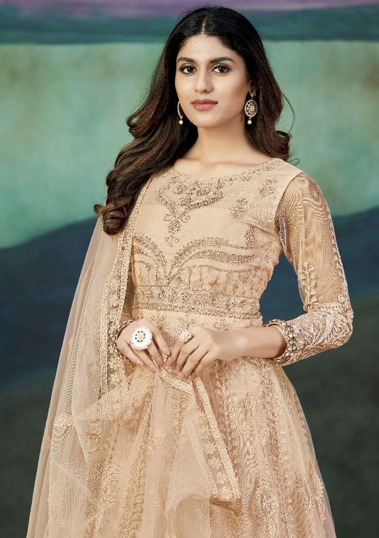 Peach Embroidered Net Anarkali Set - Indya