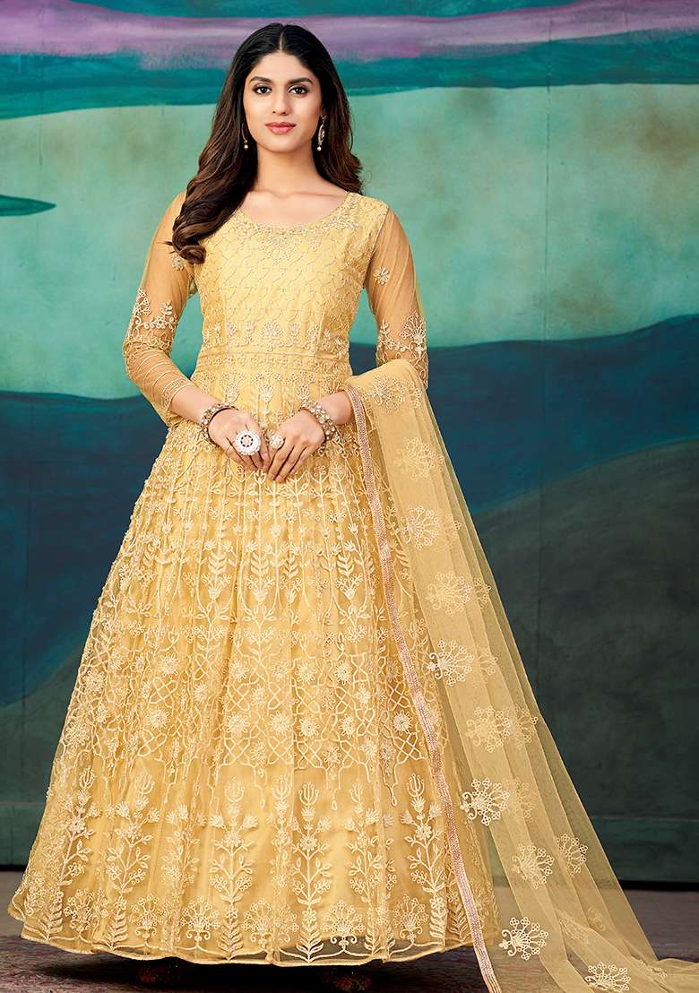 Cream Embroidered Net Anarkali Set - Indya