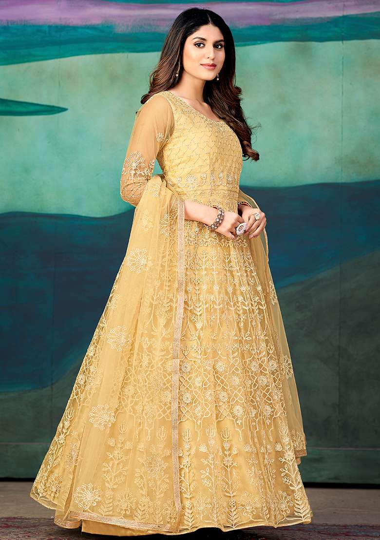 Cream Embroidered Net Anarkali Set - Indya