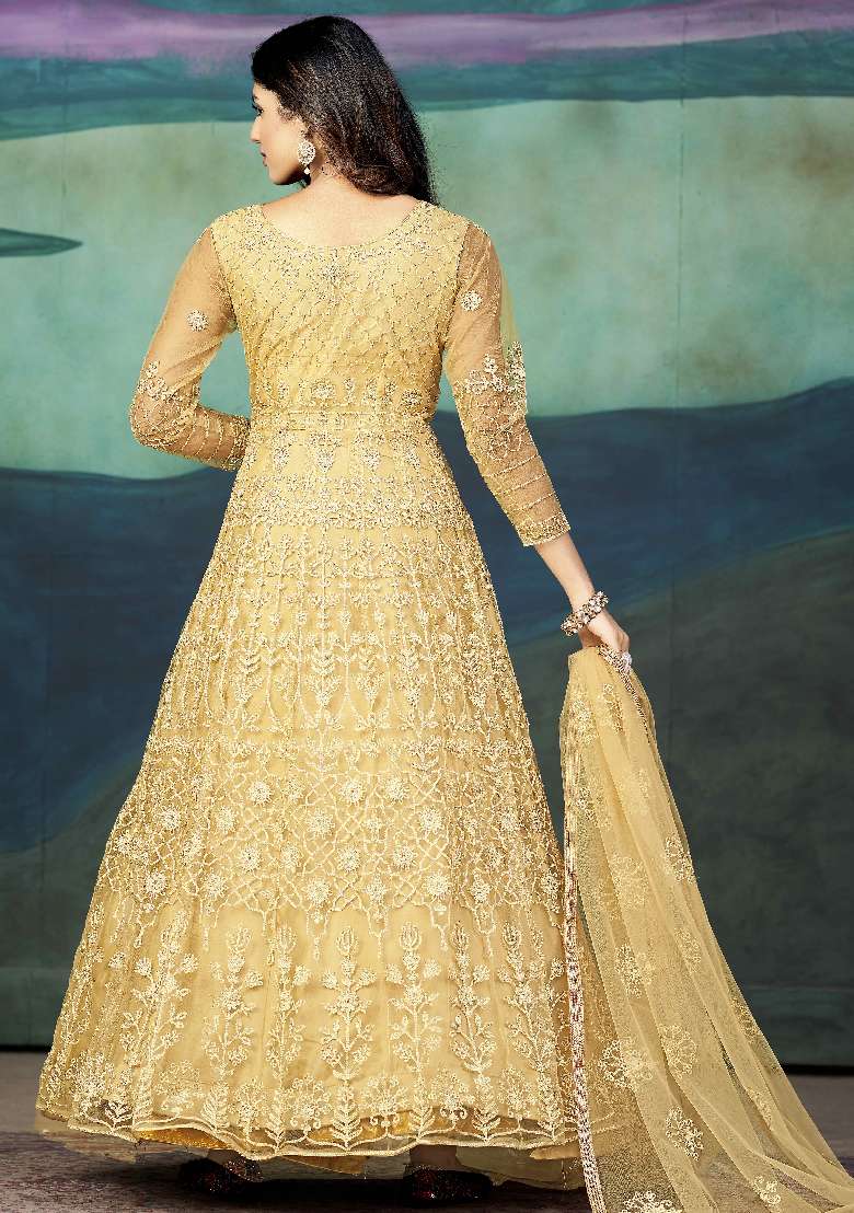 Cream Embroidered Net Anarkali Set - Indya