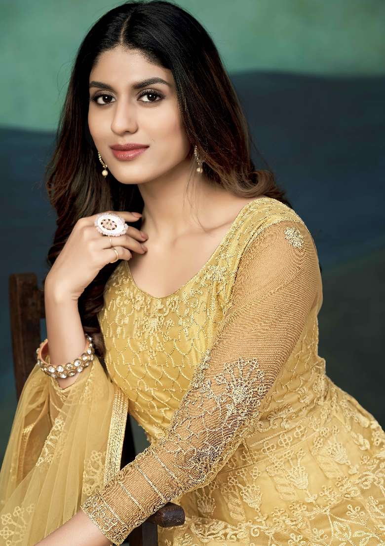 Cream Embroidered Net Anarkali Set - Indya