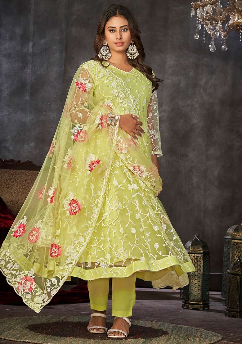 Yellow Embroidered Net Anarkali Set - Indya
