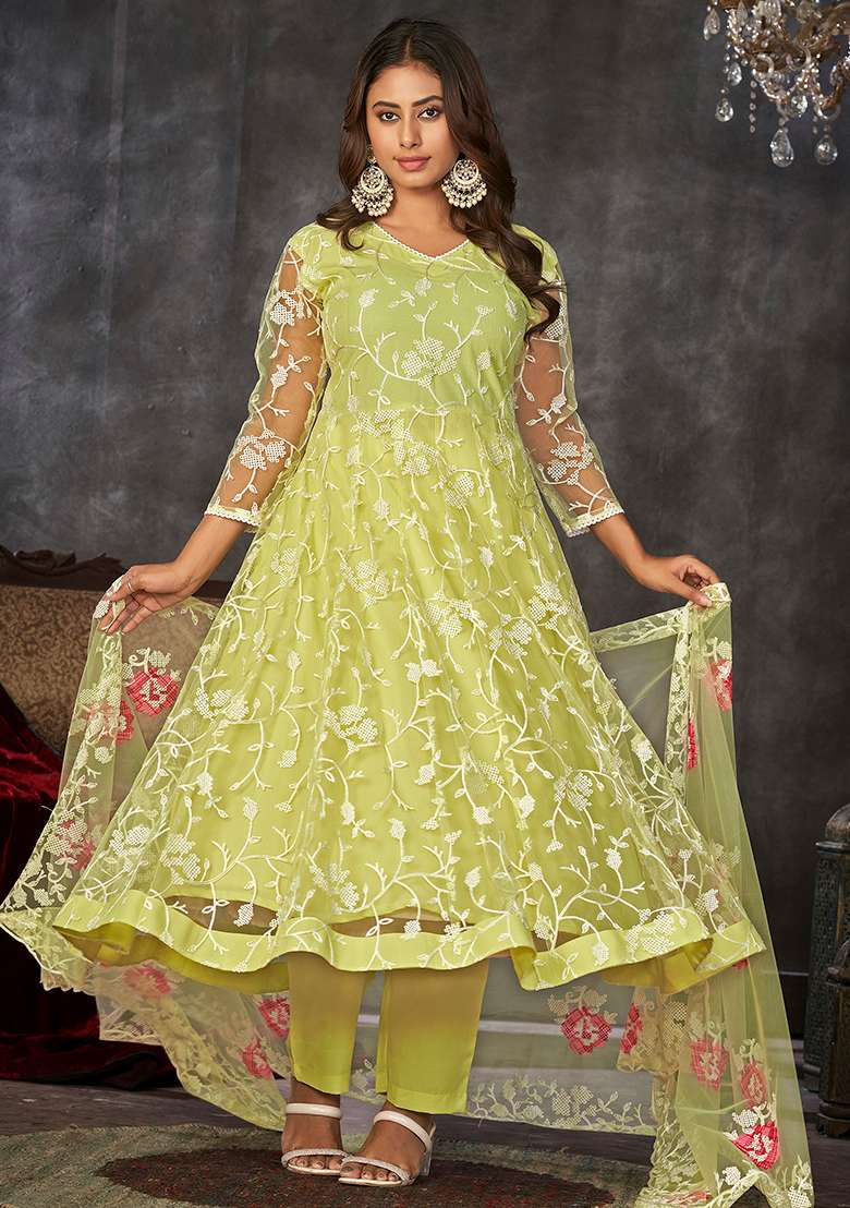 Yellow Embroidered Net Anarkali Set - Indya