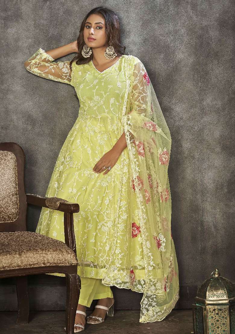 Yellow Embroidered Net Anarkali Set - Indya