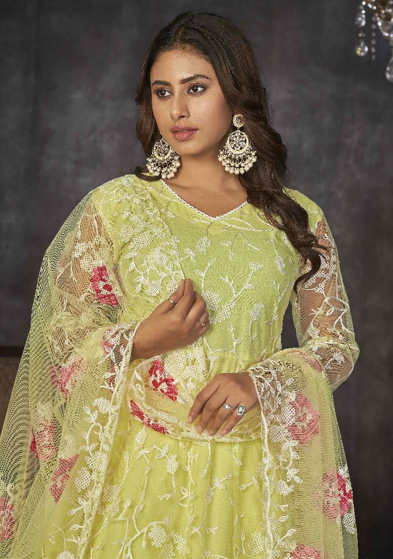 Yellow Embroidered Net Anarkali Set - Indya