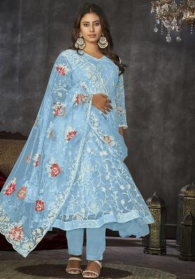 Sku Blue Embroidery Net Kurta Set