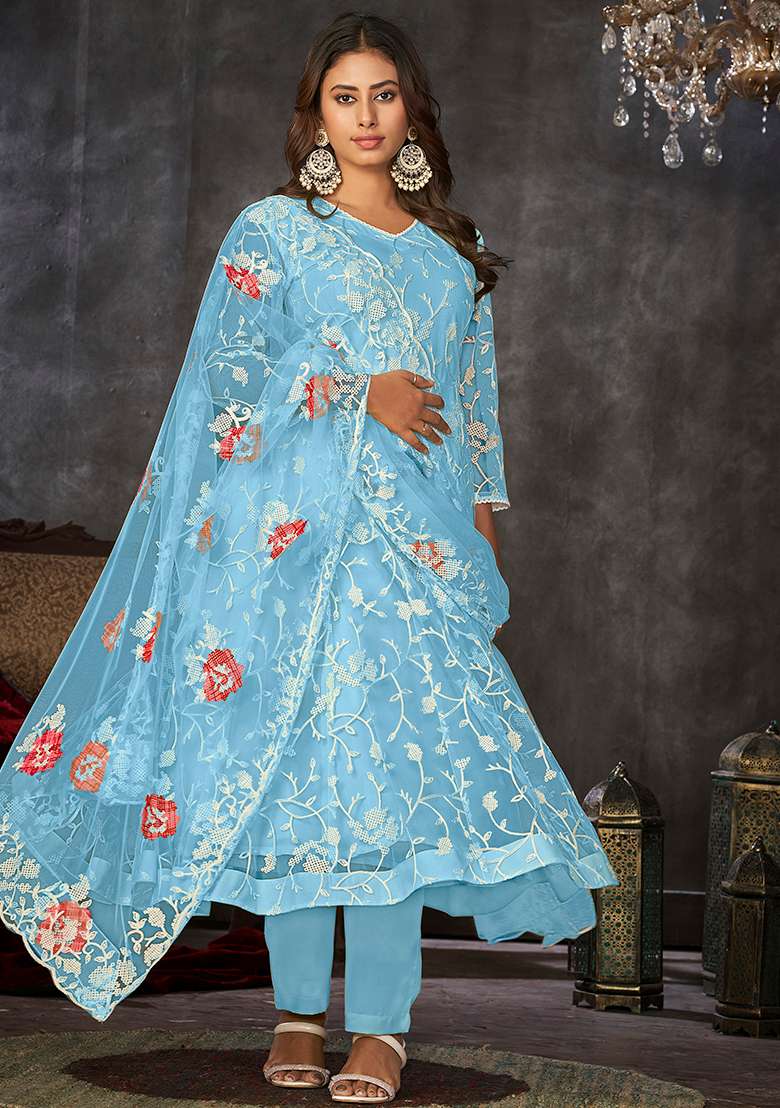 Sku Blue Embroidered Net Anarkali Set - Indya