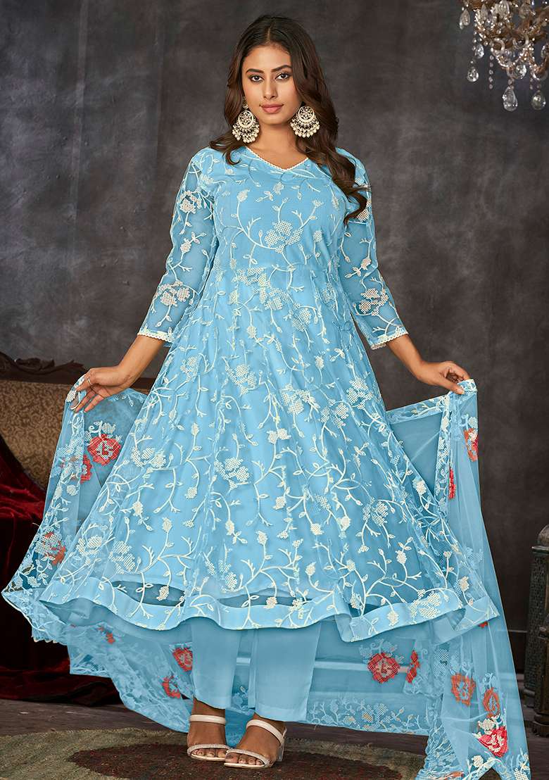 Sku Blue Embroidered Net Anarkali Set - Indya