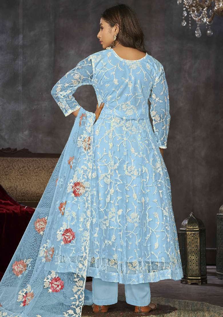 Sku Blue Embroidered Net Anarkali Set - Indya