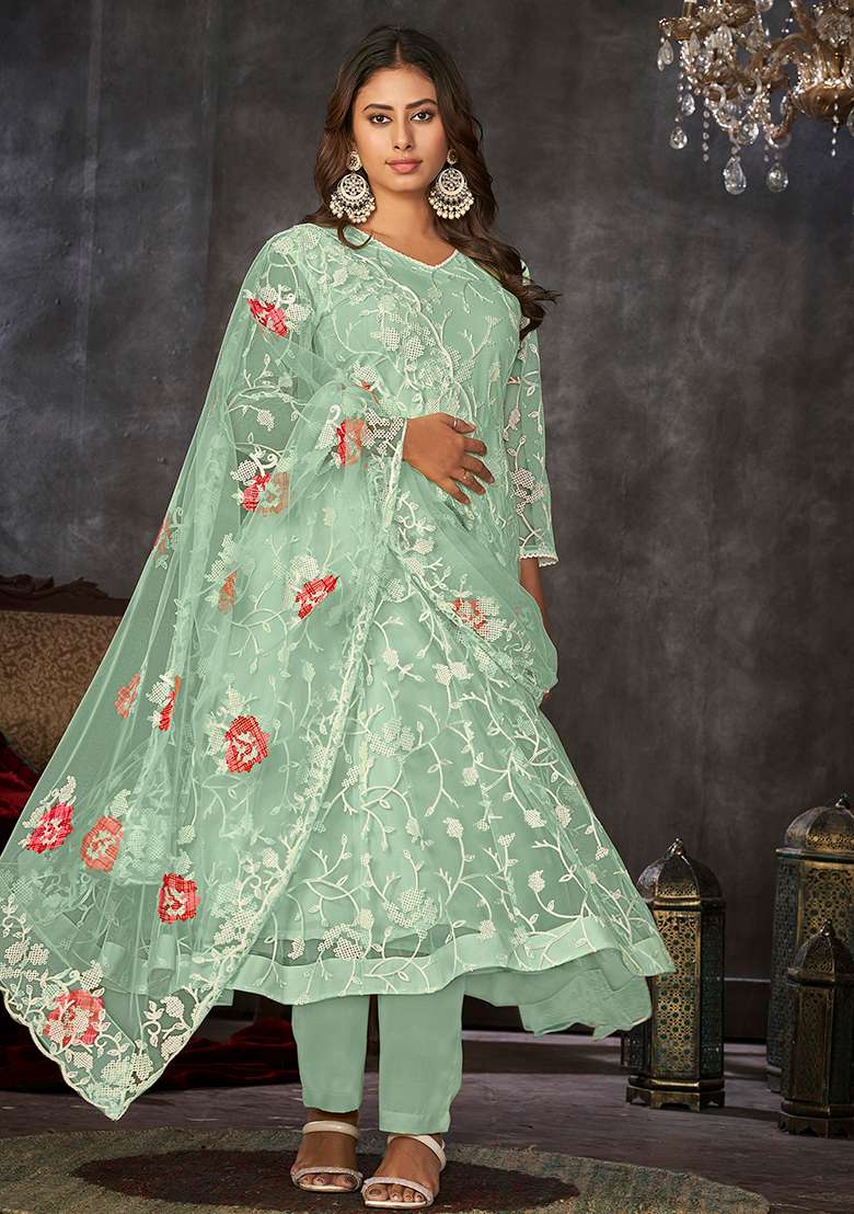 Light Green Embroidered Net Anarkali Set - Indya
