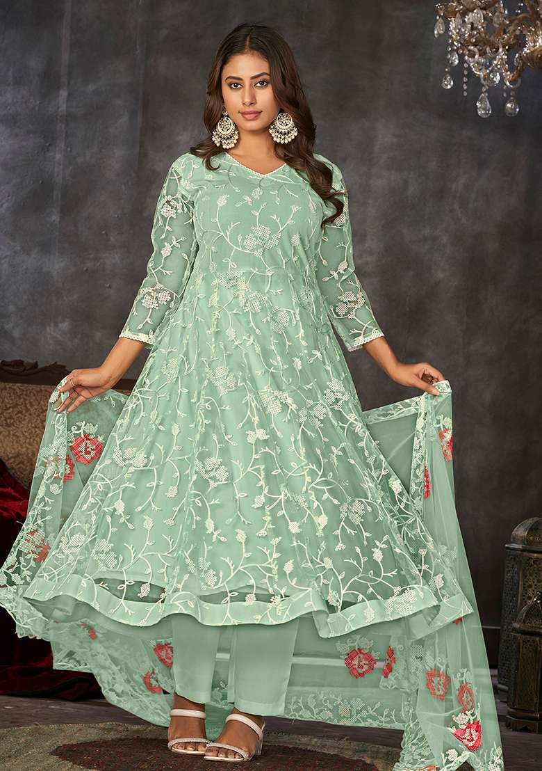 Light Green Embroidered Net Anarkali Set - Indya