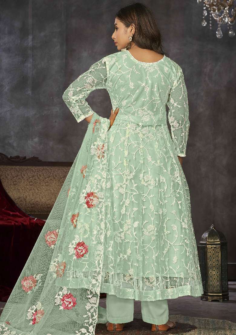 Light Green Embroidered Net Anarkali Set - Indya