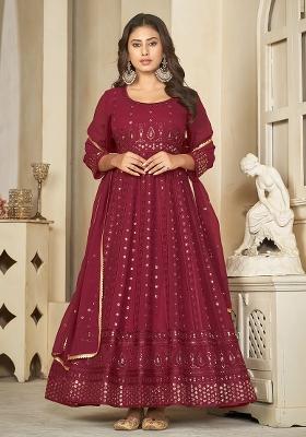 Maroon Embroidery Georgette Kurta Set