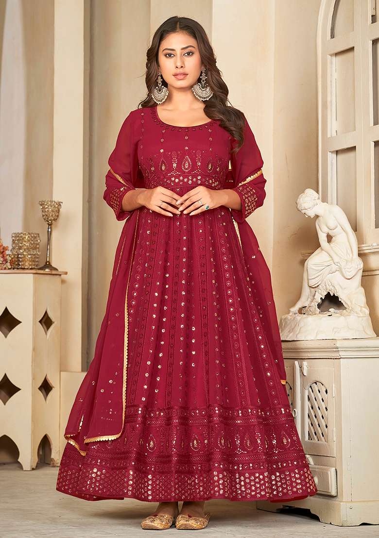 Maroon Sequin Work Georgette Anarkali Set - Indya