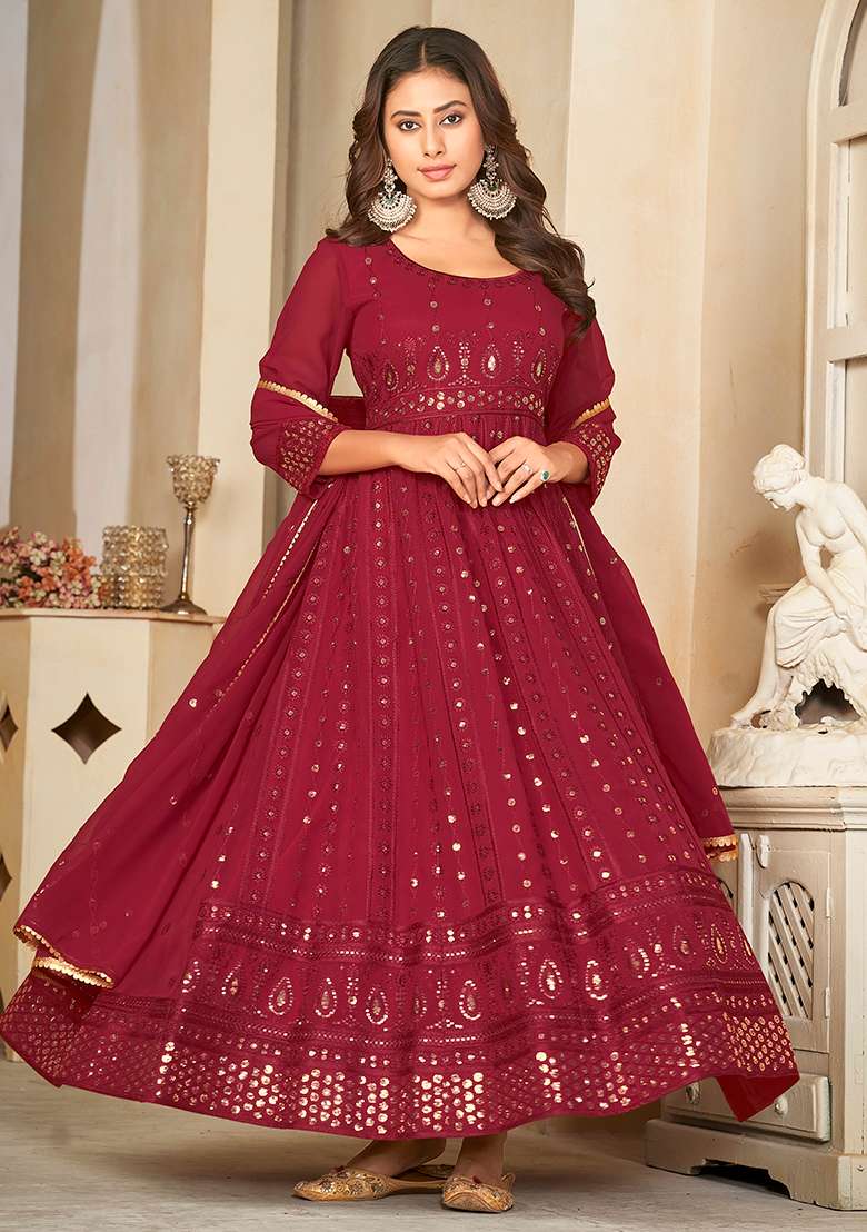 Maroon Sequin Work Georgette Anarkali Set - Indya