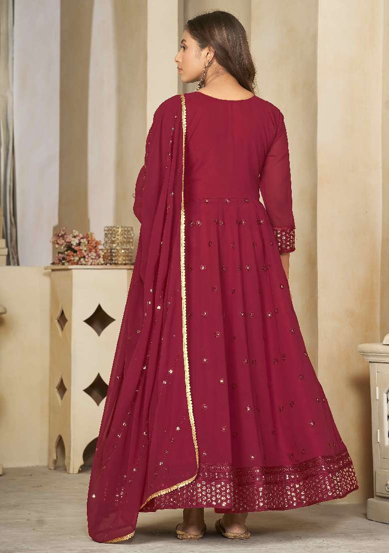 Maroon Sequin Work Georgette Anarkali Set - Indya