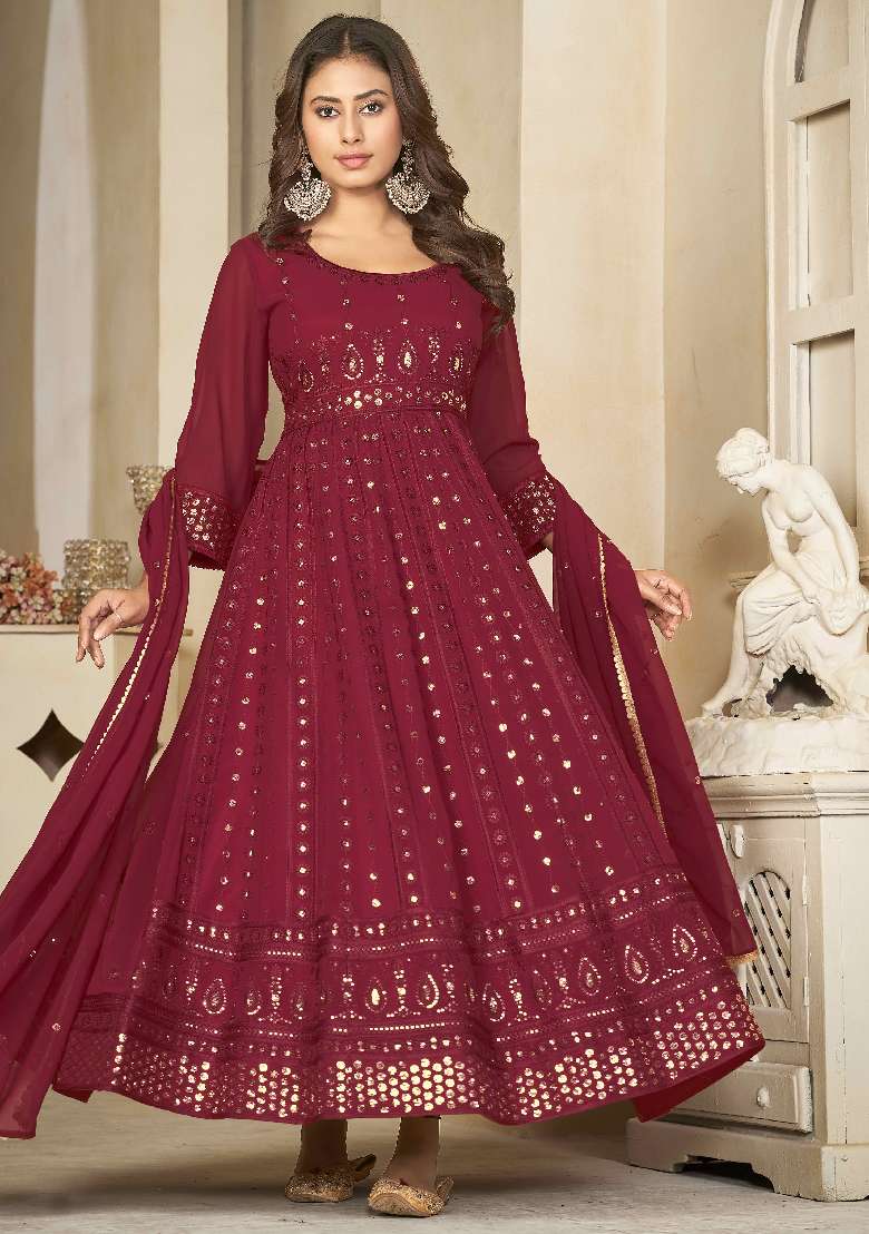 Maroon Sequin Work Georgette Anarkali Set - Indya