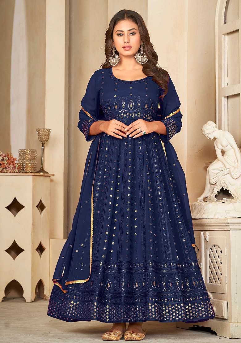 Blue Sequin Work Georgette Anarkali Set - Indya