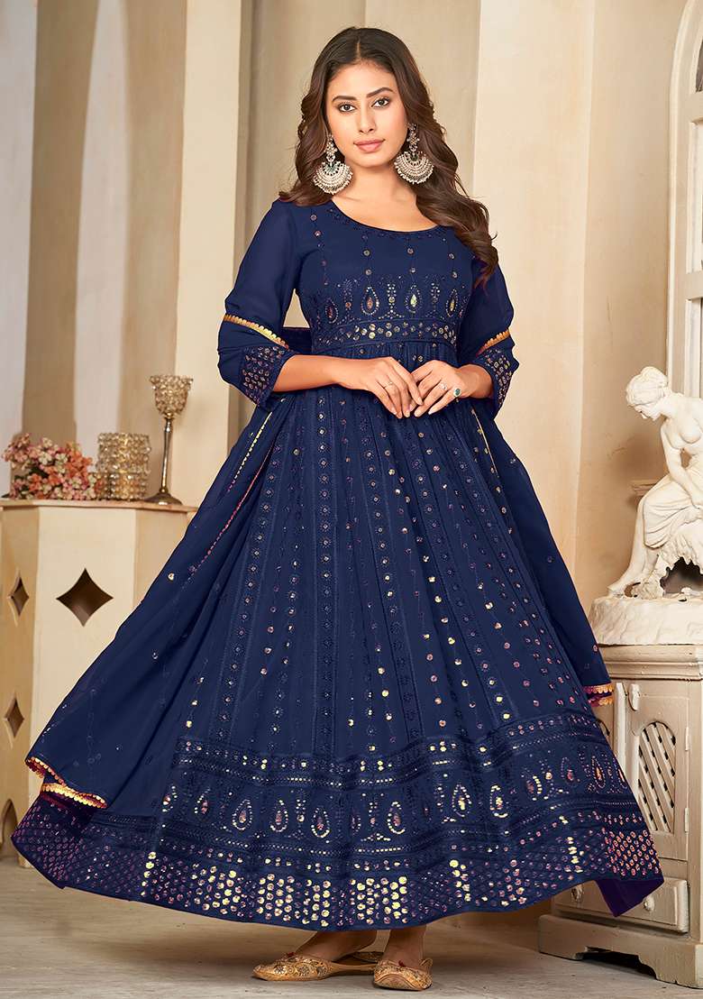 Blue Sequin Work Georgette Anarkali Set - Indya