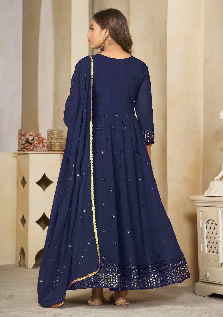 Blue Sequin Work Georgette Anarkali Set - Indya