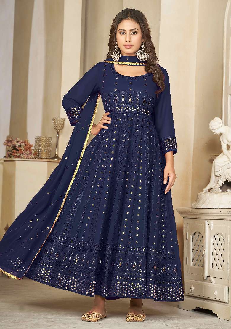 Blue Sequin Work Georgette Anarkali Set - Indya