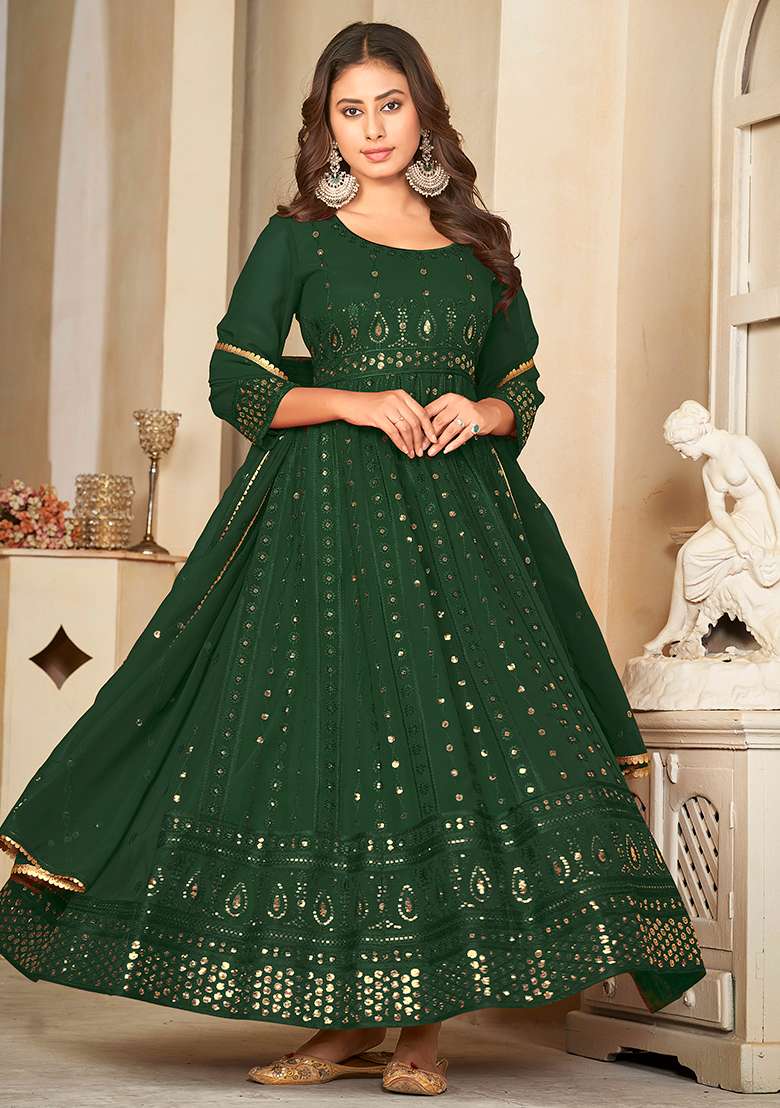 Green Sequin Work Georgette Anarkali Set - Indya