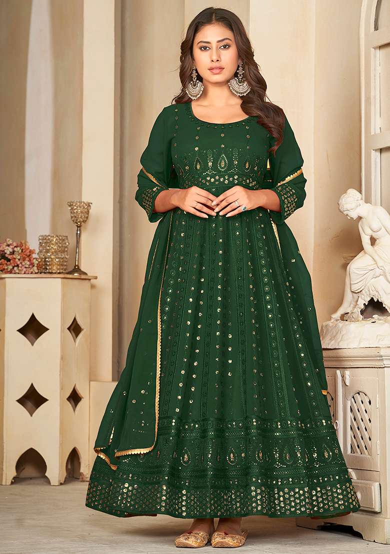 Green Sequin Work Georgette Anarkali Set - Indya