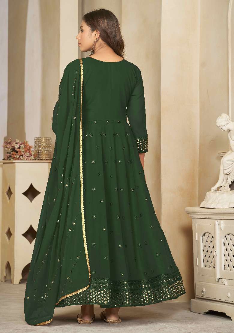 Green Sequin Work Georgette Anarkali Set - Indya