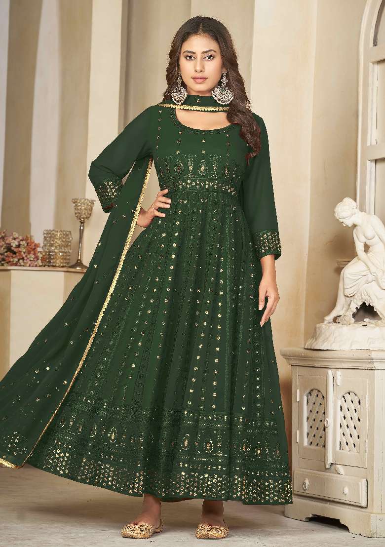 Green Sequin Work Georgette Anarkali Set - Indya