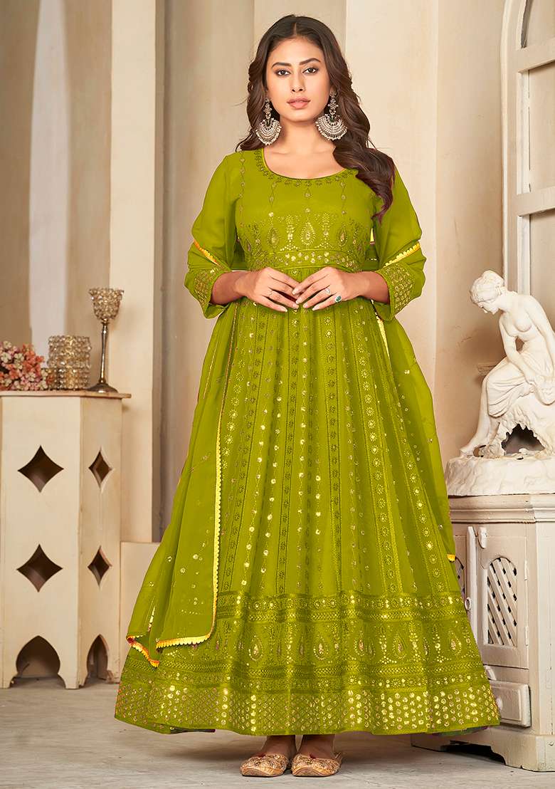 Light Green Embroidered Georgette Anarkali Set - Indya