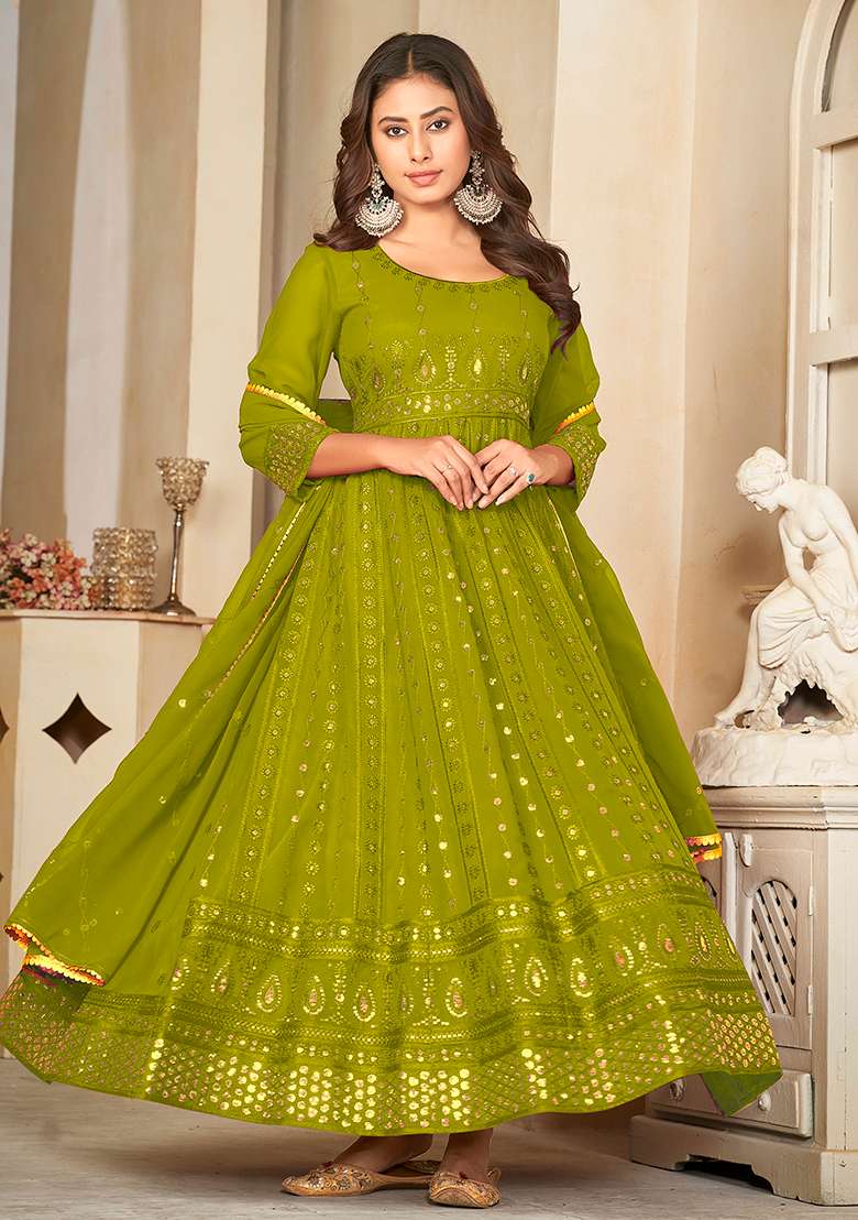 Light Green Embroidered Georgette Anarkali Set - Indya