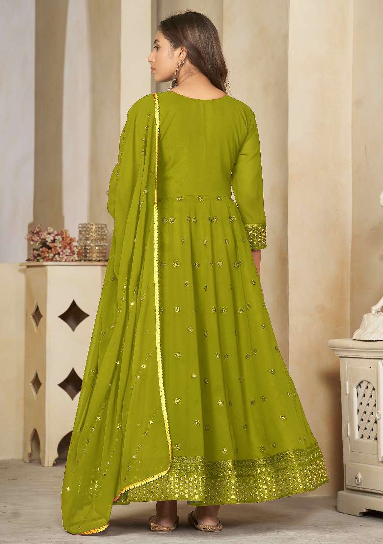 Light Green Embroidered Georgette Anarkali Set - Indya
