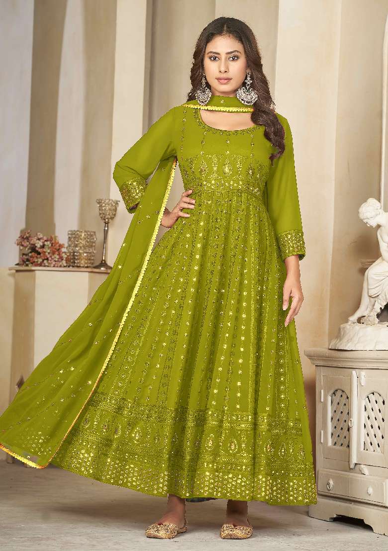 Light Green Embroidered Georgette Anarkali Set - Indya