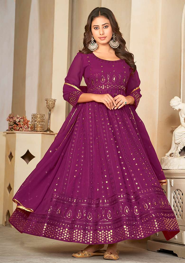 Purple Sequin Work Georgette Anarkali Set - Indya