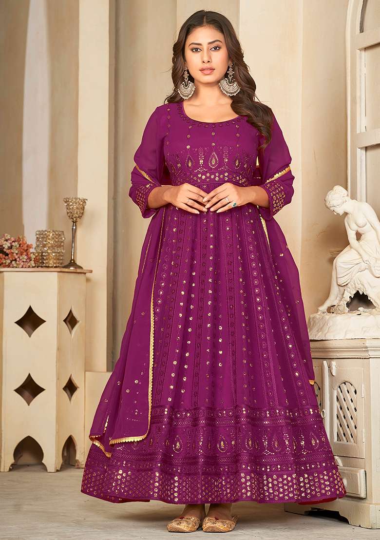 Purple Sequin Work Georgette Anarkali Set - Indya