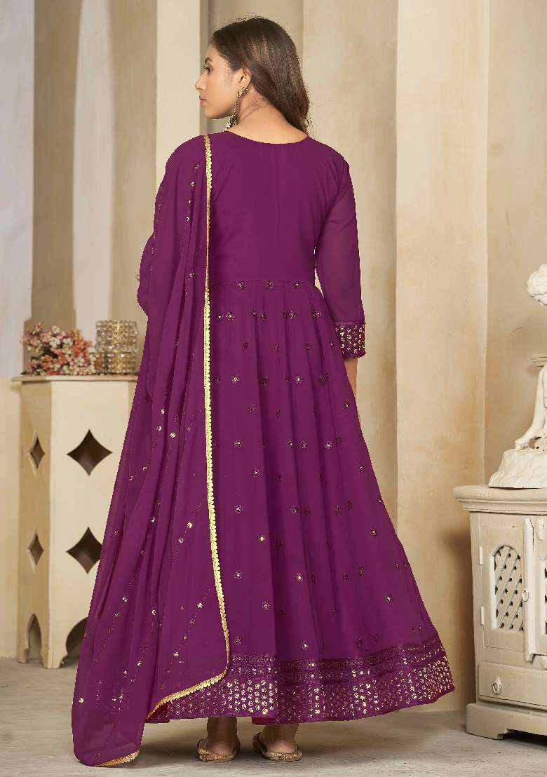 Purple Sequin Work Georgette Anarkali Set - Indya