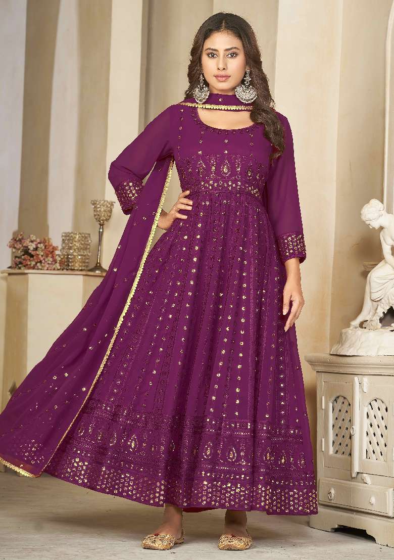 Purple Sequin Work Georgette Anarkali Set - Indya