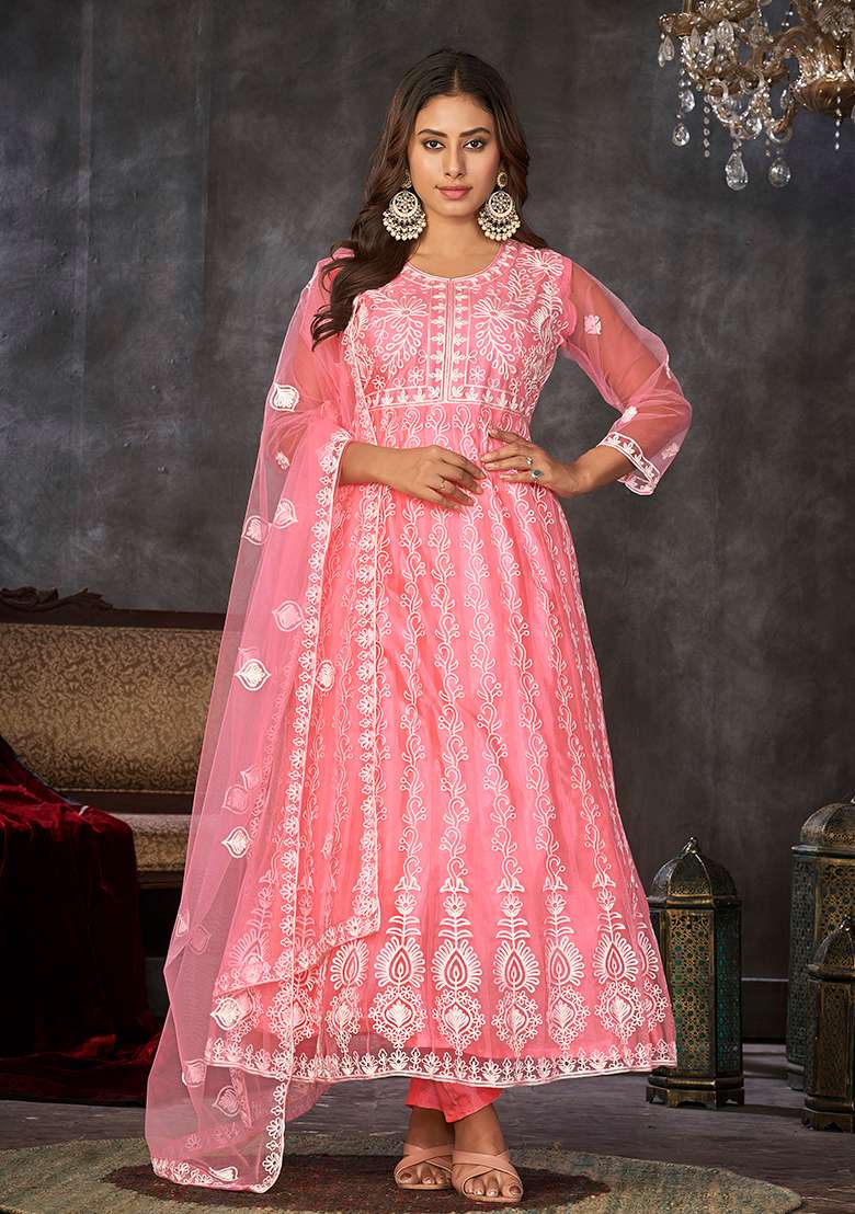Peach Chikankari Net Anarkali Set - Indya
