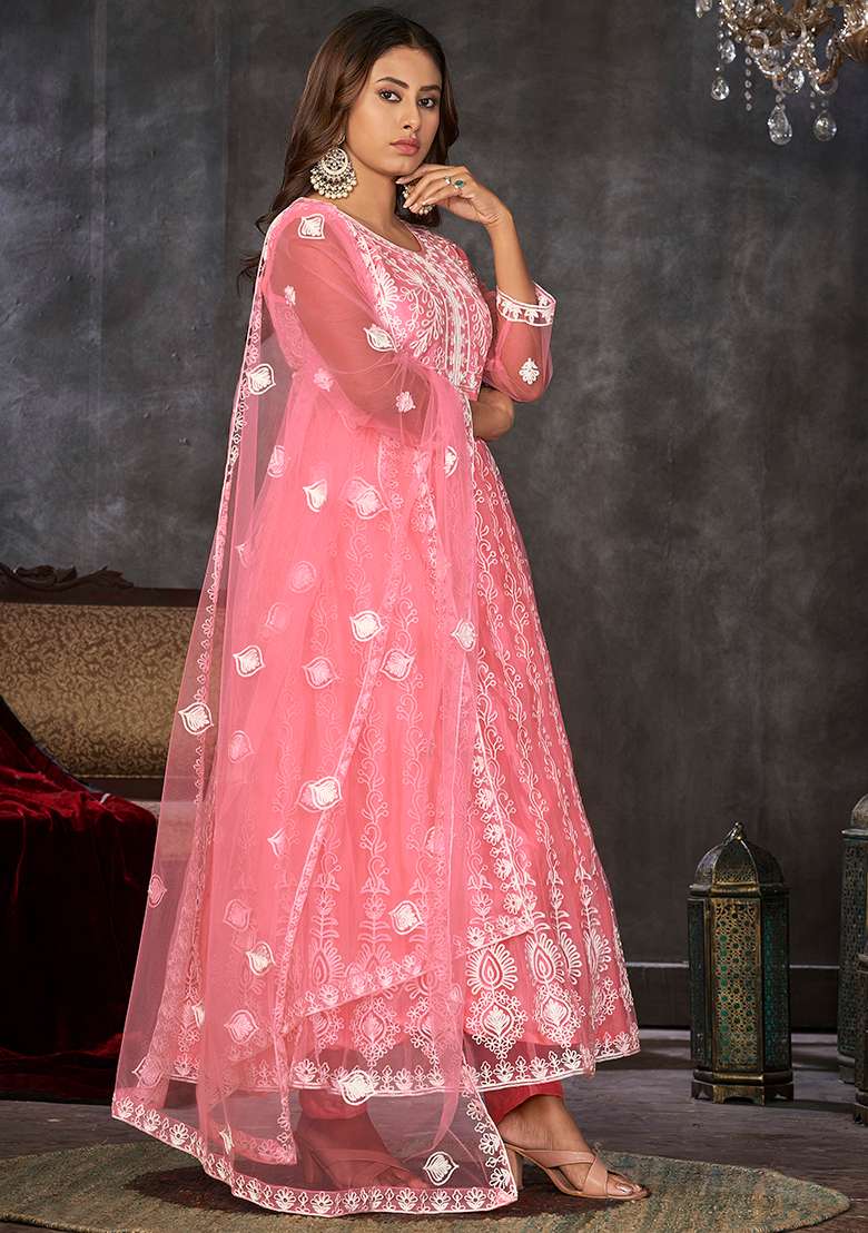 Peach Chikankari Net Anarkali Set - Indya