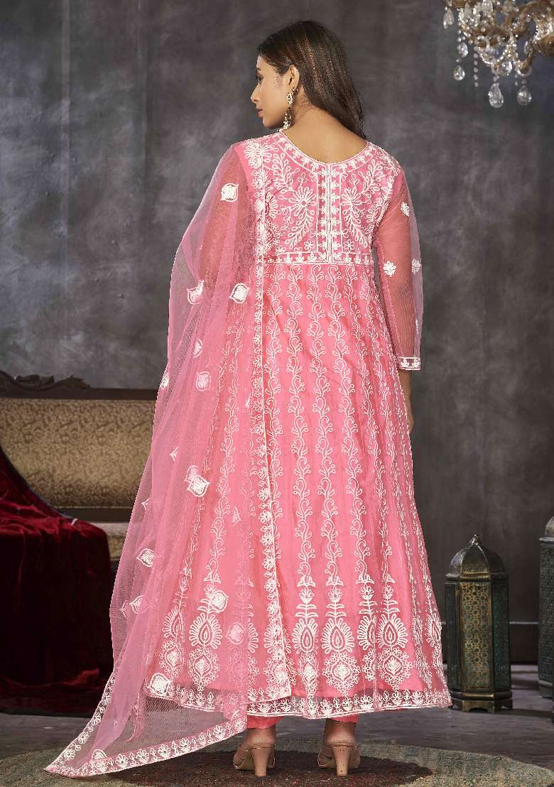 Peach Chikankari Net Anarkali Set - Indya