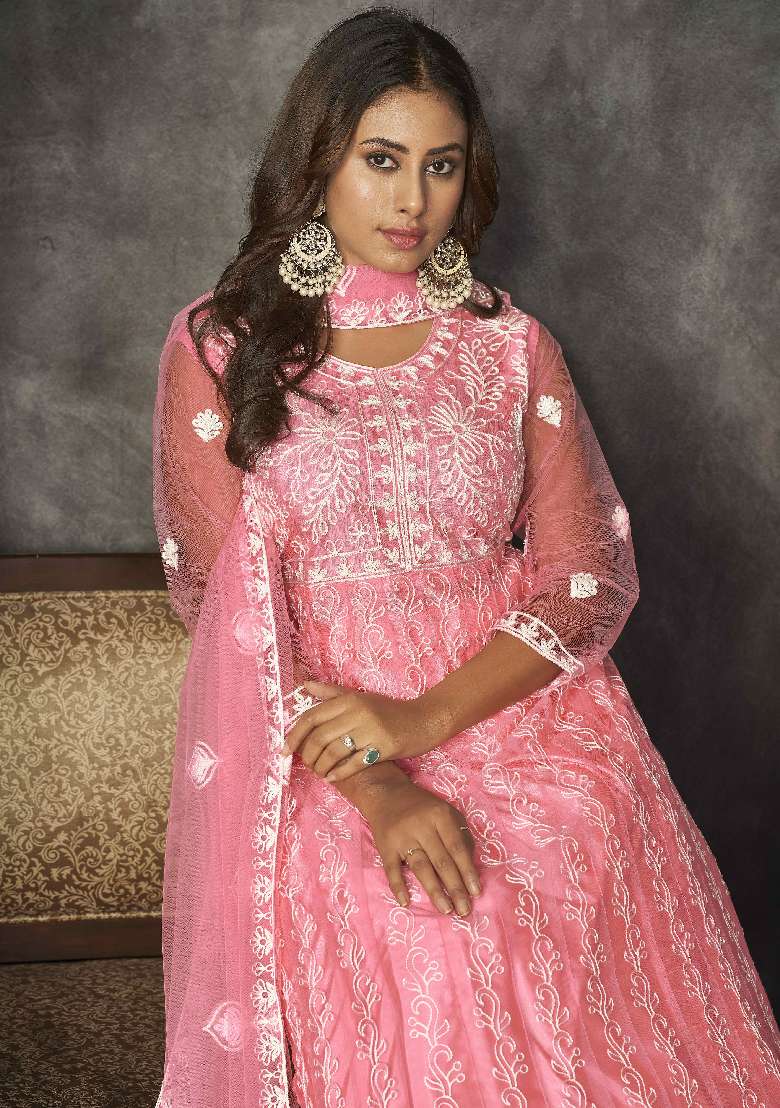 Peach Chikankari Net Anarkali Set - Indya