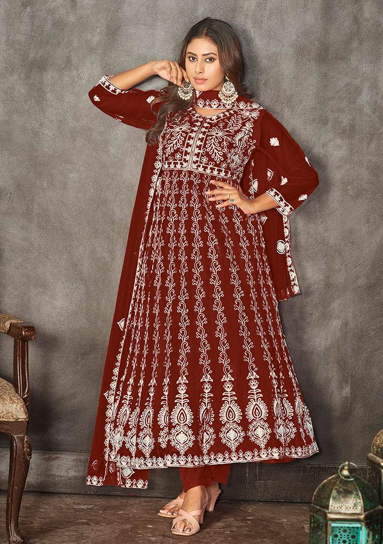 Maroon Embroidered Net Anarkali Set - Indya